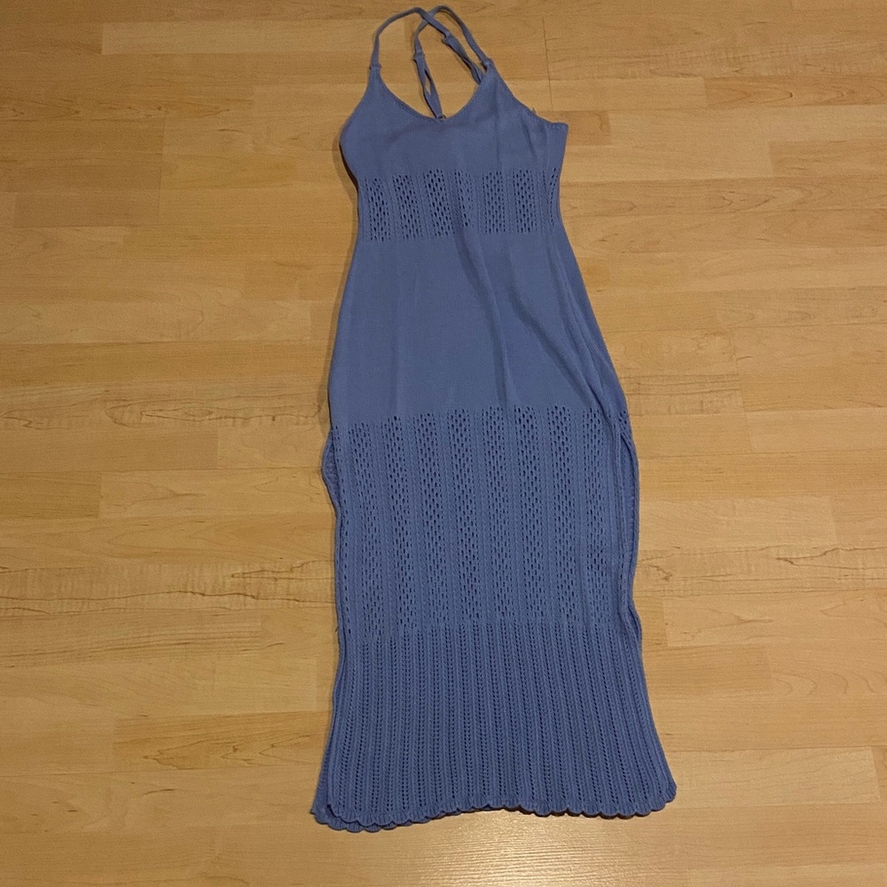 Zesica Blue Knit Maxi Dress Beach Cover Up Slit Sides Size M